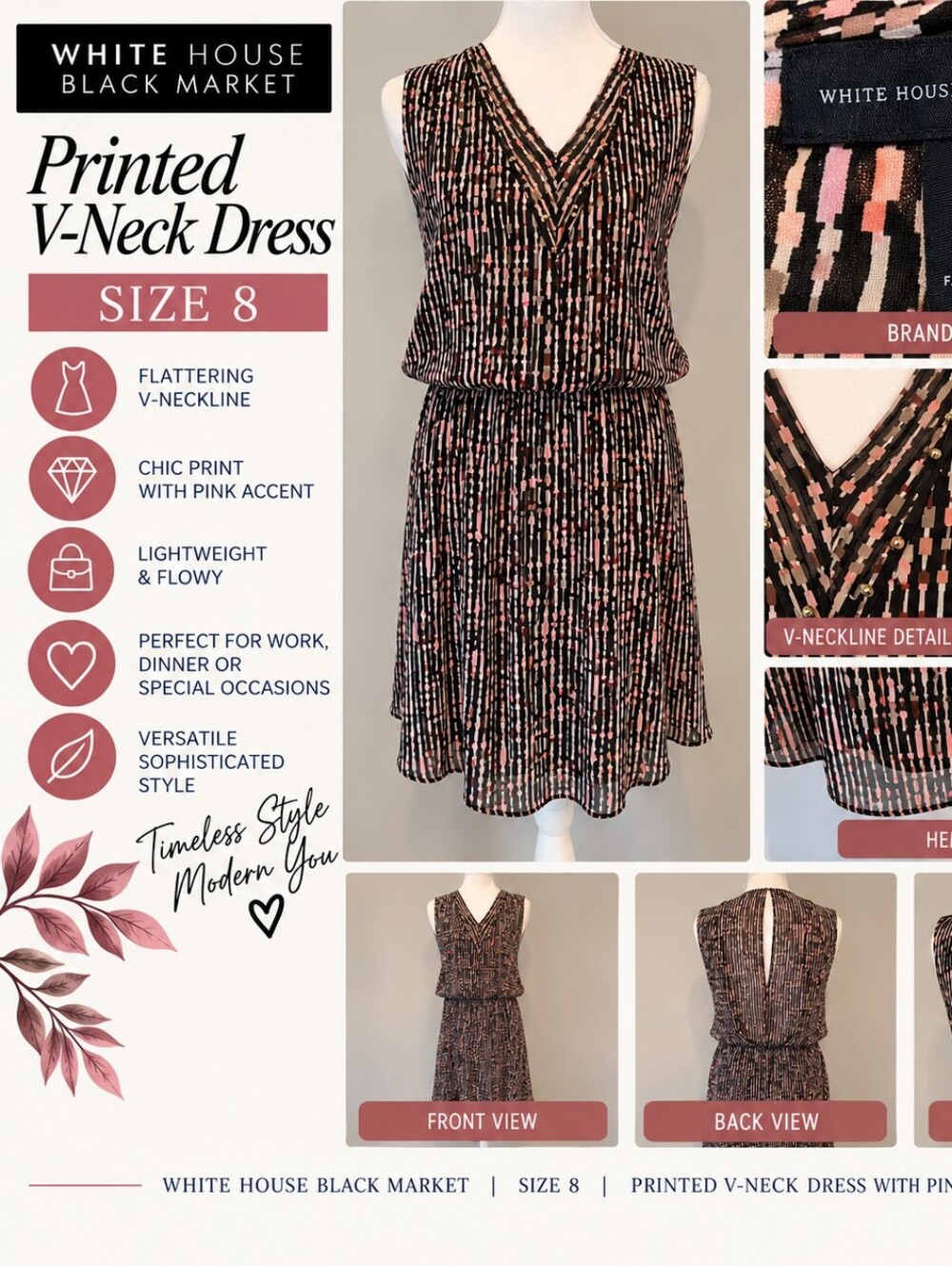 WHBM: Printed V-Neck Dress Pink Accent Size 8